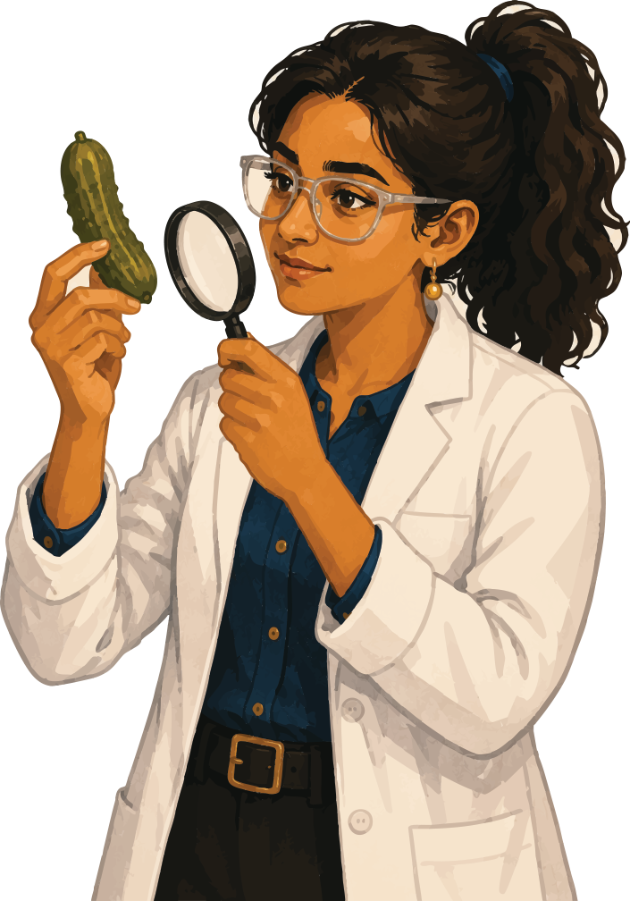 Illustration of The Food Scientist, a meticulous researcher with a love for scientific inquiry and an alarming enthusiasm for pickles